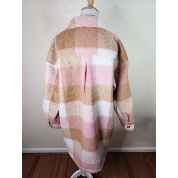 OLD NAVY Womens Size Large Pink Tan Wool Blend Long Utility Shacket Plaid Jacket - Picture 4 of 7